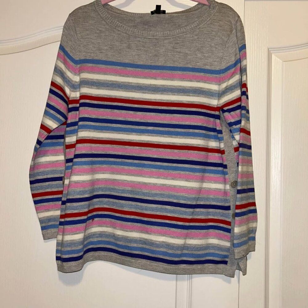 Talbots gray blue pink red white striped side button detail boatneck sweater XLP